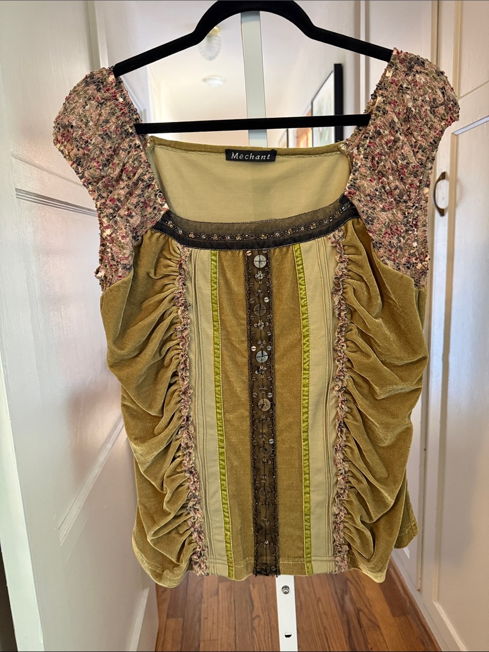 Méchant Olive Green Velvet Ruched Cap Sleeve Blouse